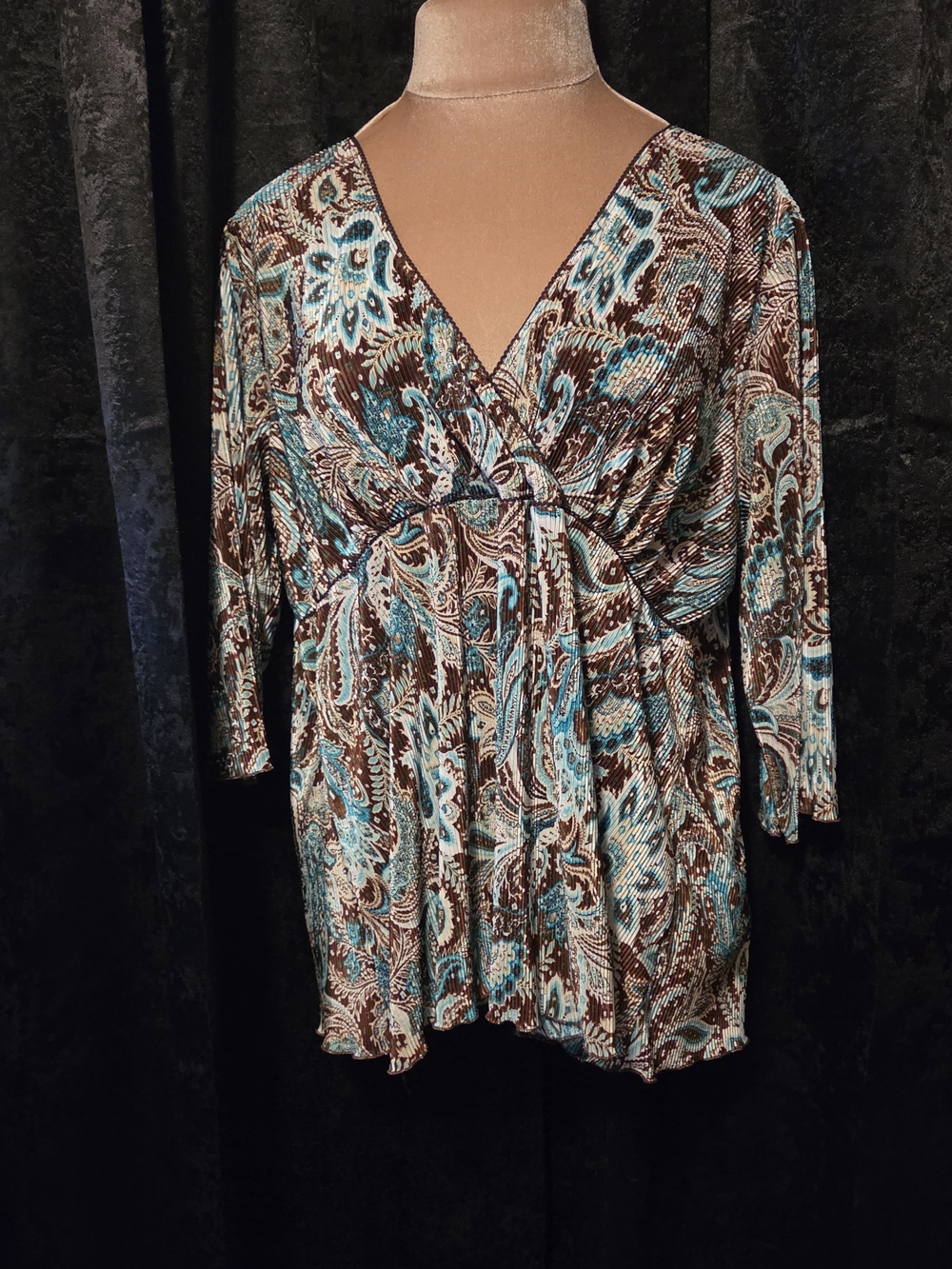 Cato Size 18/20 2X Blouse Women’s V-Neck Paisley Print Wrap Top - Blue & Brown